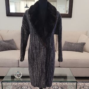 H&M Chic Black and Gray Herringbone Coat with Faux Fur Collar